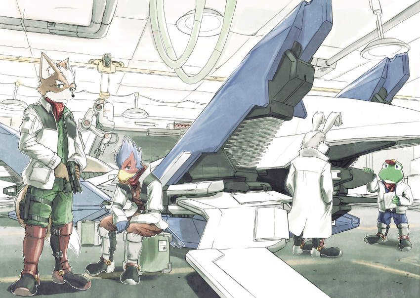 4boys arwing falco_lombardi fox_mccloud furry furry_male gun handgun hangar indoors jacket lab_coat looking_at_viewer male_focus md5_mismatch mechanical_legs multiple_boys nintendo peppy_hare pilot_suit prosthesis sai_hate sitting slippy_toad spacecraft standing star_fox starfighter tail weapon