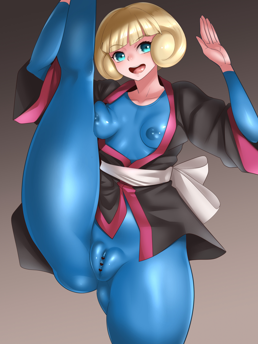 1girl absurdres ass blonde_hair blue_eyes bodysuit breasts cameltoe clitoris dougi fat_mons gluteal_fold greta_(pokemon) highres karate_gi latex latex_bodysuit leg_lift leg_up medium_breasts nintendo nipples obi open_mouth pokemon pokemon_emerald pokemon_rse pussy sash short_hair skin_tight smile thick_thighs thighs yasuaki023