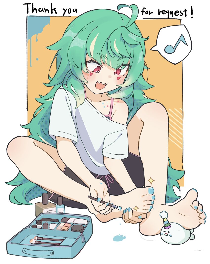 1girl absurdres ahoge applying_pedicure aqua_nails bare_legs barefoot black_shorts border collarbone commission coni_confetti cosmetics english_text facial_mark feet full_body gradient_hair hand_on_own_foot highres holding holding_brush idol_corp knee_up long_hair looking_down multicolored_hair musical_note nail_polish nail_polish_bottle off_shoulder open_mouth orange_background painting_nails painting_toenails red_eyes shirt short_shorts short_sleeves shorts sidelocks single_bare_shoulder skeb_commission soles solo spoken_musical_note sumitsubame toe_scrunch toenail_polish toenails toes very_long_hair virtual_youtuber white_border white_shirt