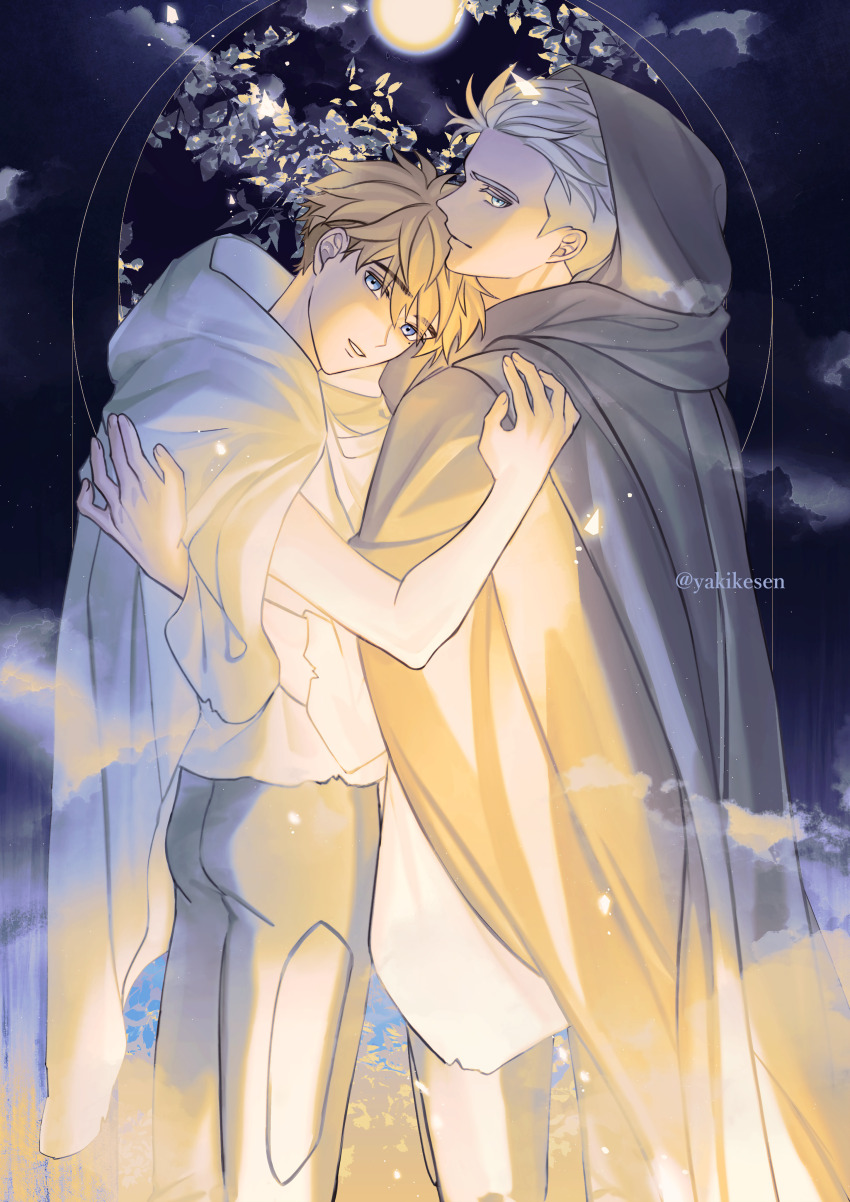 2boys absurdres blonde_hair blue_eyes brothers cloak highres hood hood_up hooded_cloak hug incest looking_at_viewer male_focus millions_knives multiple_boys pants parted_lips shirt short_hair siblings trigun trigun_stampede twitter_username undercut vash_the_stampede white_shirt yakikesen yaoi