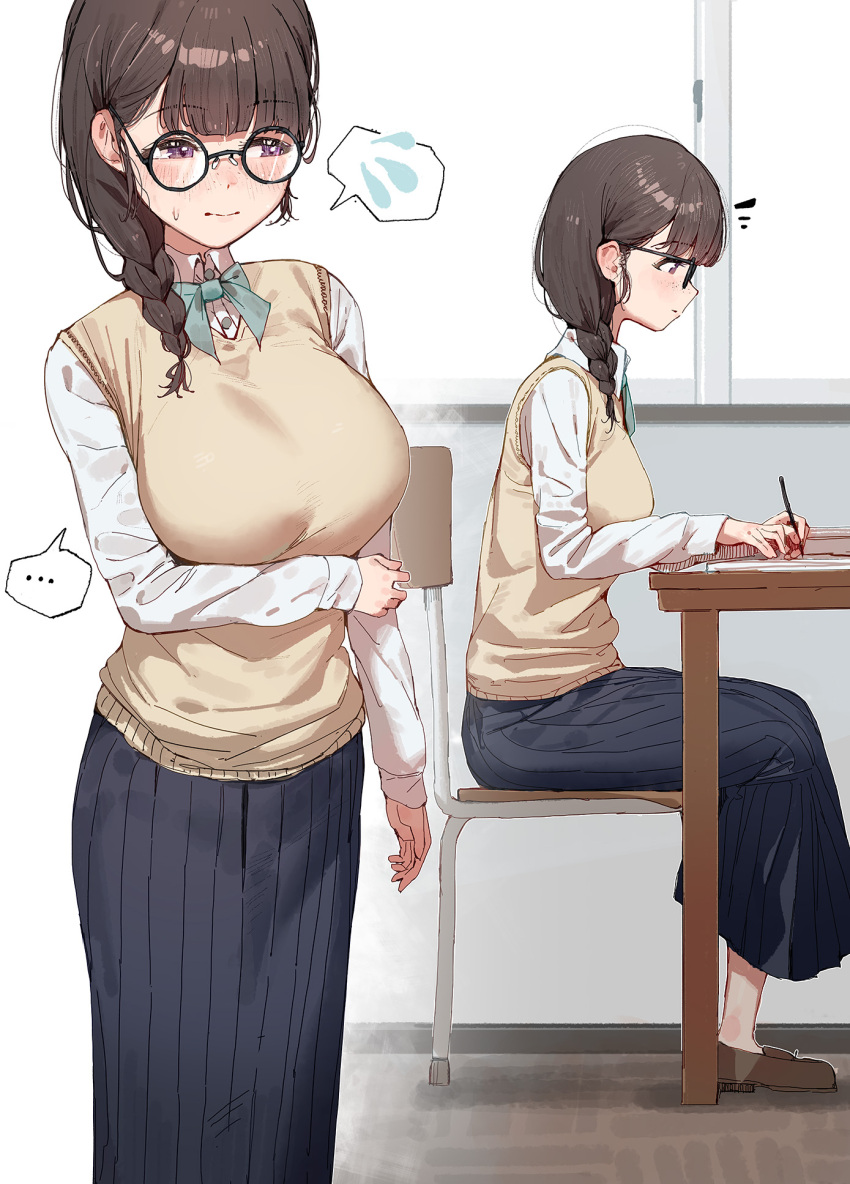 ... 1girl arm_under_breasts black-framed_eyewear black_hair braid breasts brown_sweater_vest chair commentary_request desk freckles glasses hair_over_shoulder highres holding holding_own_arm holding_pen large_breasts long_hair long_skirt long_sleeves multiple_views original pen pleated_skirt purple_eyes round_eyewear school_chair school_desk school_uniform shirt single_braid skirt spoken_sweatdrop sweatdrop sweater_vest white_shirt yam810
