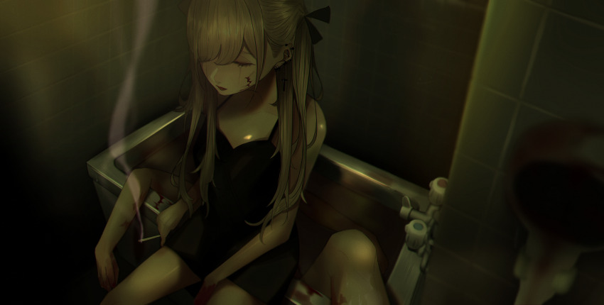 1girl absurdres barbell_piercing bare_shoulders bathroom bathtub between_legs black_dress black_ribbon blonde_hair blood blood_on_face blood_on_hands cigarette closed_eyes closed_mouth collarbone commentary corpse cowboy_shot cross cross_earrings crying dress ear_piercing earrings hair_over_one_eye hair_ribbon hand_between_legs highres holding holding_cigarette jewelry latin_cross lips lipstick long_hair makeup mano_aaa one_eye_covered original piercing red_lips ribbon short_dress sitting smoking tile_wall tiles