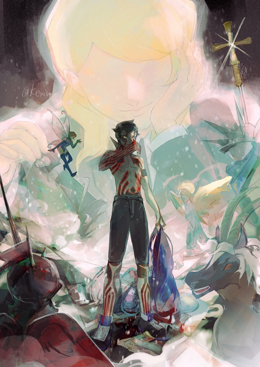 1girl 2boys absurdres black_hair black_shorts blonde_hair chess_piece demi-fiend demon_(megami_tensei) full-body_tattoo hand_on_own_cheek hand_on_own_face highres holding holding_another&#039;s_hair holding_chess_piece jacket kexiu leotard louis_cypher male_focus multiple_boys pixie_(megami_tensei) red_hair shin_megami_tensei shin_megami_tensei_iii:_nocturne shoes shorts suit_jacket tattoo tile_floor tiles topless_male wings wiping_face yellow_eyes