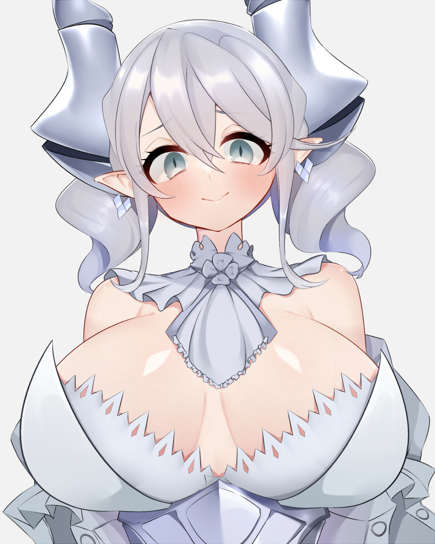 1girl bare_shoulders blush breasts cleavage demon_horns detached_sleeves dress duel_monster earrings furaggu grey_eyes grey_hair highres horns jewelry large_breasts looking_at_viewer lovely_labrynth_of_the_silver_castle pointy_ears short_hair smile white_dress yu-gi-oh!