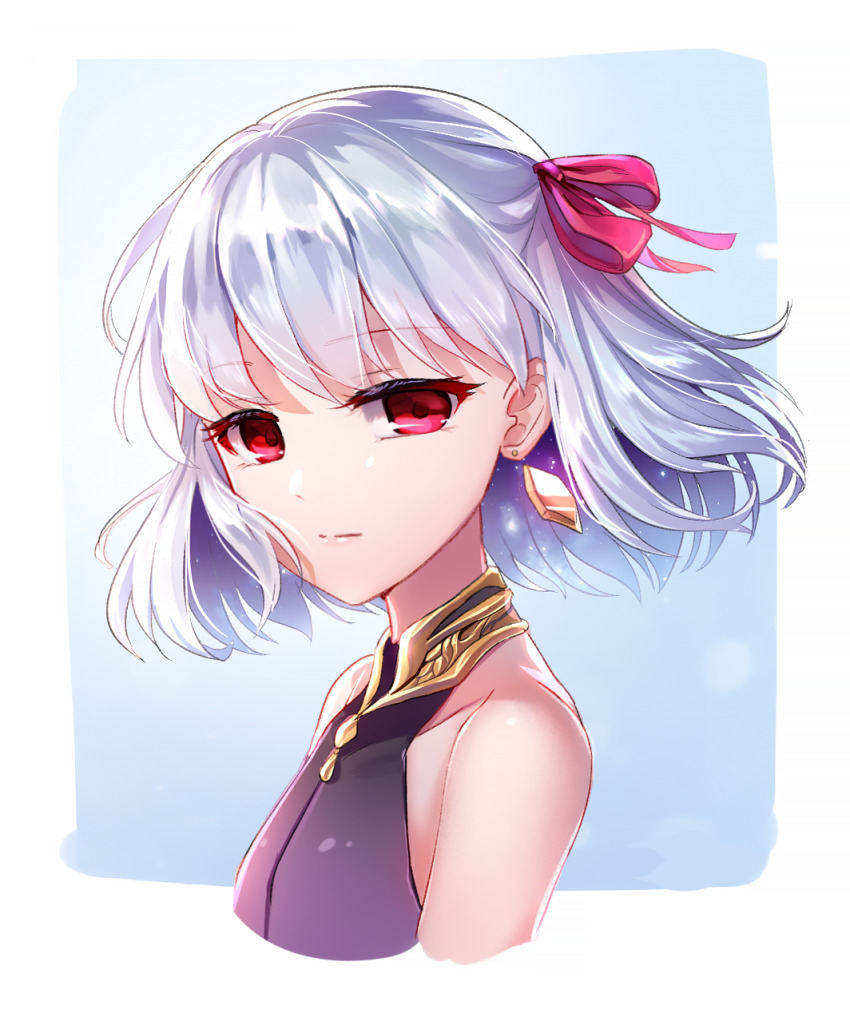 1girl bare_shoulders commentary_request cropped_torso earrings expressionless fate/grand_order fate_(series) hair_ribbon highres jewelry kama_(fate) kama_(first_ascension)_(fate) lalazyt looking_at_viewer red_eyes red_ribbon ribbon short_hair simple_background sleeveless solo white_hair