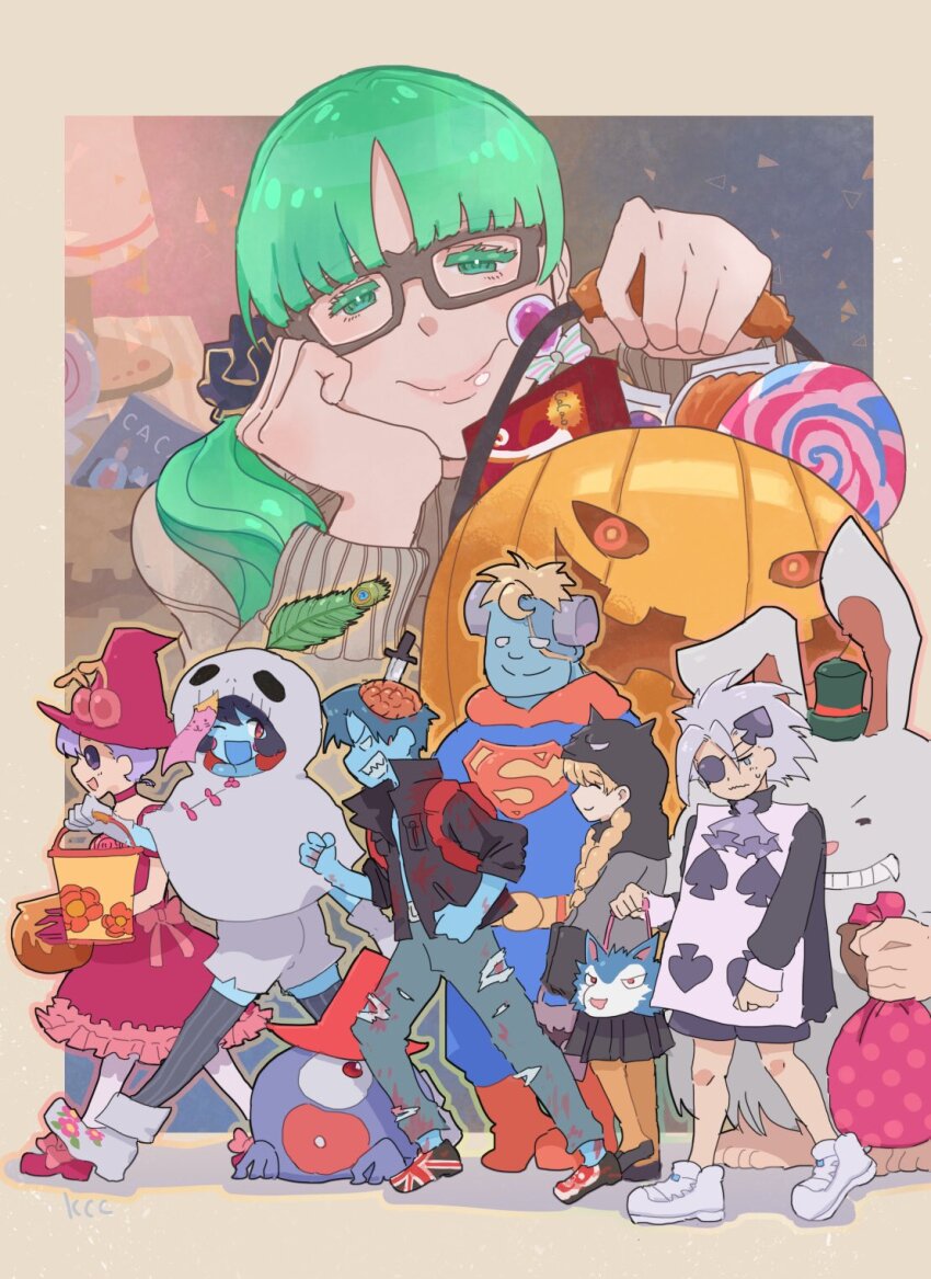 3girls animal black_hair blonde_hair blue_skin candy colored_skin cosplay dancing_zundoko darkstalkers demitri_maximoff denim dress emily_von_gerdenheim eyepatch food ghost ghost_costume glasses green_eyes green_hair halloween halloween_bucket halloween_costume hat highres hood hsien-ko jack-o&#039;-lantern jacket jeans jon_talbain le_malta long_hair long_sleeves looking_at_viewer lord_raptor multiple_boys multiple_girls pants purple_hair q-bee round_eyewear sasquatch shirt shoes short_hair smile sneakers superman torn_clothes torn_jeans torn_pants victor_von_gerdenheim werewolf white_hair witch_hat