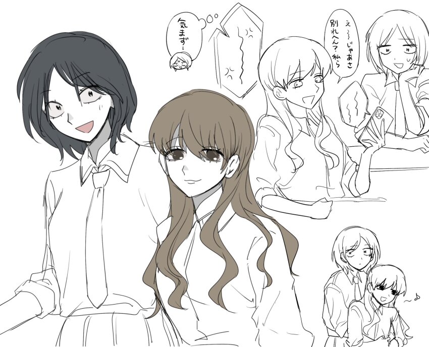 2girls :d anger_vein arm_on_table arm_rest arms_around_waist bad_id bad_twitter_id black_hair breasts brown_eyes brown_hair closed_mouth collared_shirt commentary_request dakara_bokuha dress_shirt eighth_note futsuu_no_keion-bu genderswap genderswap_(mtf) hand_on_own_face head_rest highres holding holding_phone hug hug_from_behind long_hair looking_at_viewer medium_breasts monochrome multiple_girls multiple_views musical_note necktie open_mouth parted_bangs phone pleated_skirt school_uniform shirt short_hair short_sleeves simple_background sitting skirt smile speech_bubble spoken_anger_vein spot_color sweatdrop taguchi_ryuuya takami_kouki thought_bubble translation_request upper_body wavy_hair white_background