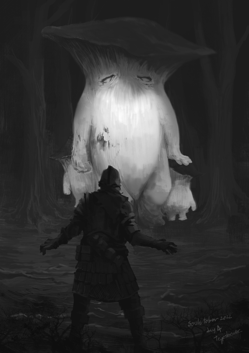 1other ambiguous_gender armor artist_name belt boots chosen_undead dark_souls_(series) dark_souls_i from_behind full_body gloves greyscale helm helmet highres knight looking_at_another monochrome monster mushroom_child mushroom_parent outdoors pouch shiny_skin shoulder_plates standing tree tripdancer