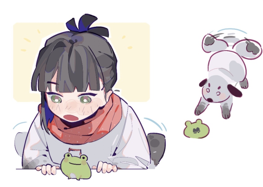 1girl animalization black_bow black_hair blunt_bangs blush bow commentary dog frog green_eyes hair_bow highres kachimachi_kosuzu link!_like!_love_live! long_sleeves looking_at_animal love_live! momose_ginko multiple_views nose_blush notice_lines official_alternate_costume open_mouth pipi_(m1x_mix) pochacco red_scarf sanrio scarf short_hair sweater symbol-only_commentary tail tail_wagging virtual_youtuber white_sweater