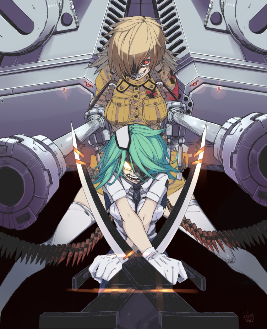 2girls ammunition ammunition_belt anti-materiel_rifle autocannon bladed_tonfa blonde_hair breasts cannon cannon_cartridge clenched_teeth crossed_arms crossover dual_wielding explosive eyepatch gloves glowing glowing_eyes green_hair grenade grenade_cartridge grin gun hair_over_one_eye harkonnen_ii hellsing highres holding kumonji_aruto large_breasts looking_at_viewer miniskirt multiple_girls necktie open_mouth otonashi_kiruko police police_uniform red_eyes rifle rifle_grenade seras_victoria sharp_teeth shinmai_fukei_kiruko-san short_hair skirt smile sniper_rifle teeth thighhighs tonfa vampire vladimir_(hellsing) weapon white_gloves white_legwear x_arms yellow_eyes zettai_ryouiki