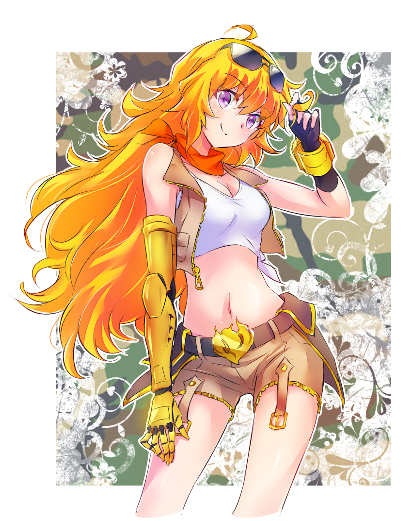 1girl absurdres ahoge belt blonde_hair border breasts brown_jacket buckle cleavage closed_mouth commentary_request crop_top cropped_jacket cropped_legs ember_celica_(rwby) eyewear_on_head fingerless_gloves gloves highres iesupa jacket large_breasts long_hair mechanical_arms midriff navel open_clothes open_jacket playing_with_own_hair prosthesis prosthetic_arm purple_eyes rwby scarf shorts single_mechanical_arm sleeveless smile solo tank_top unzipped wavy_hair white_border white_tank_top yang_xiao_long