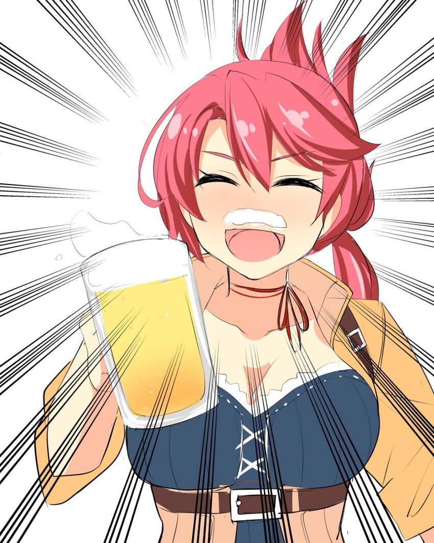 1girl alcohol beer beer_mug breasts collared_shirt commentary_request corset cropped_shirt cup denim eiyuu_densetsu foam_mustache hair_between_eyes half_updo highres holding holding_cup large_breasts medium_hair mizuno_asami mug open_clothes open_mouth open_shirt pink_hair ponytail sara_valestein sen_no_kiseki sen_no_kiseki_(series) sen_no_kiseki_i sen_no_kiseki_iii shirt smile solo upper_body white_background