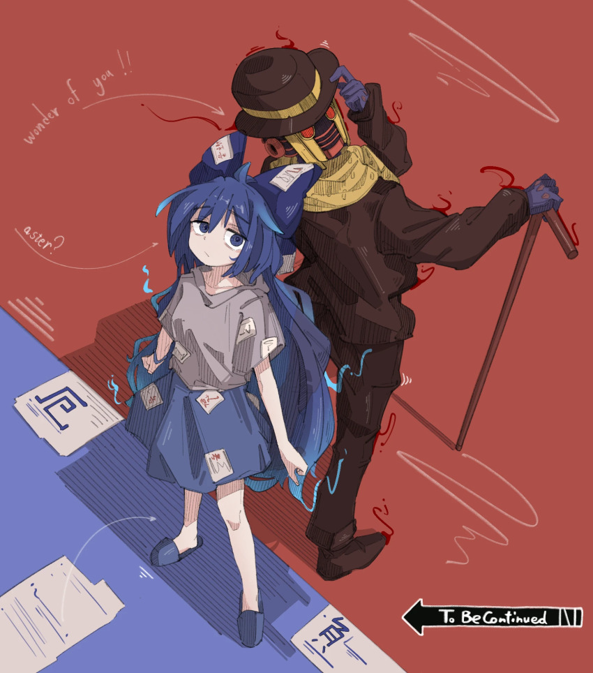 1boy 1girl back-to-back blue_eyes blue_hair blue_skirt bowler_hat cane clothed_robot fengzhong_yuntuan hat highres holding holding_cane humanoid_robot jojo_no_kimyou_na_bouken jojolion long_hair looking_at_viewer looking_up robot scarf skirt stand_(jojo) to_be_continued touhou wonder_of_u yellow_scarf yorigami_shion
