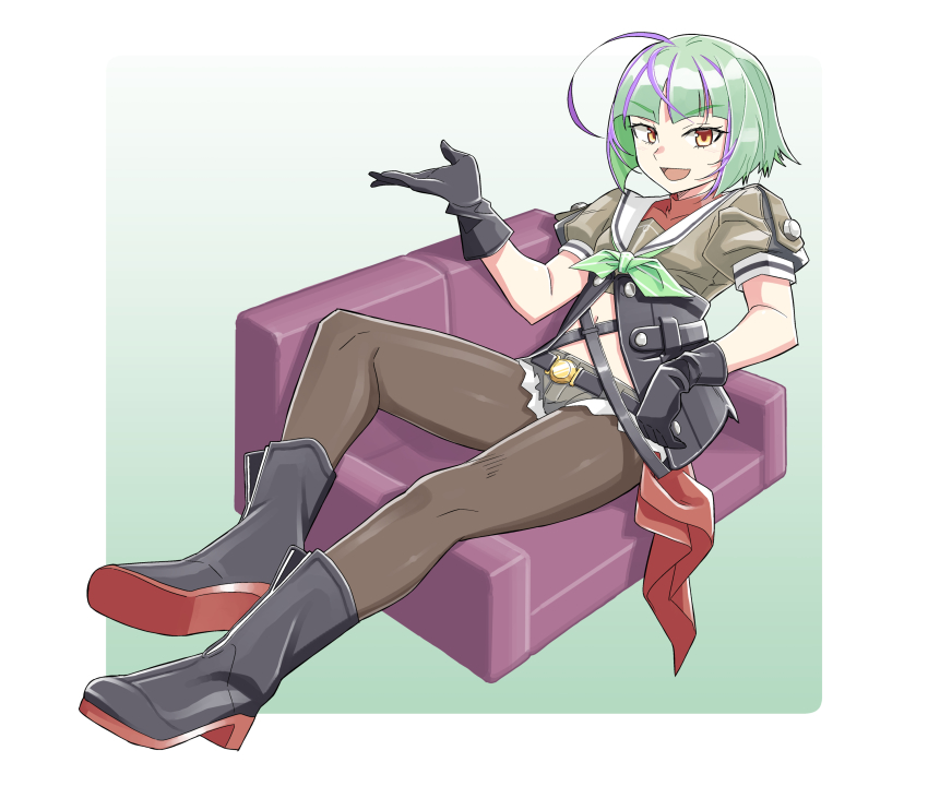 1girl absurdres black_boots black_gloves black_pantyhose boots denim denim_shorts gloves green_hair green_neckwear grey_shorts highres kantai_collection kazh_(kazu) midriff multicolored_hair navel open_mouth orange_eyes pantyhose purple_hair sailor_collar short_hair short_shorts short_sleeves shorts simple_background sitting solo streaked_hair take_(kancolle) two-tone_background