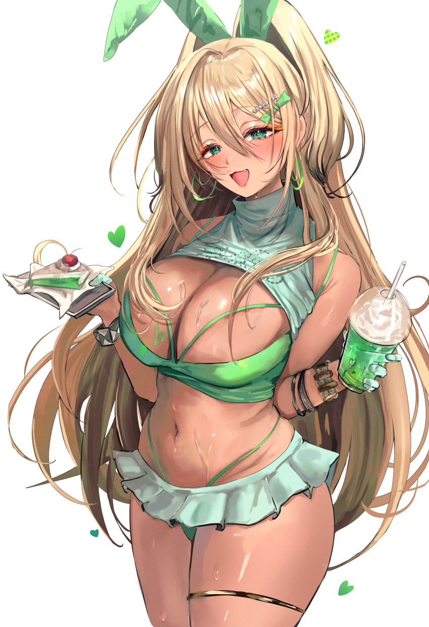 1girl absurdres animal_ears bikini blonde_hair blush borrowed_design cake cake_slice commentary_request cup disposable_cup emu_(emuemuart) fake_animal_ears food goddess_of_victory:_nikke green_bikini green_eyes hair_between_eyes highres holding holding_cup holding_food jewelry long_hair looking_at_viewer navel open_mouth rupee_(nikke) smile solo swimsuit thighlet thighs white_background