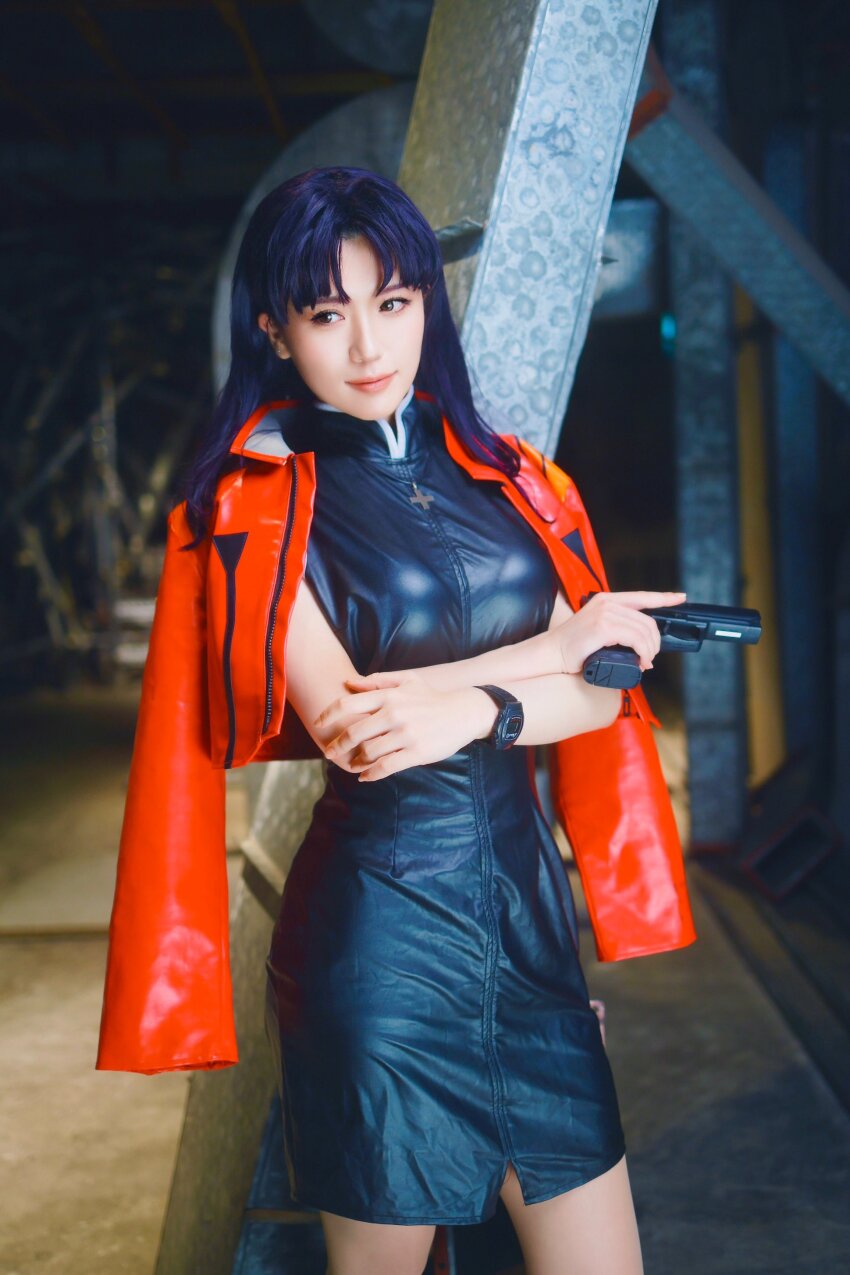absurdres asian black_dress bralines breasts cosplay cosplay_photo cross cross_necklace dress gun handgun high_collar highres jacket jacket_on_shoulders jewelry katsuragi_misato katsuragi_misato_(cosplay) minidress necklace neon_genesis_evangelion photo_(medium) purple_hair red_jacket sleeveless sleeveless_dress tight_clothes tight_dress watch weapon wristwatch