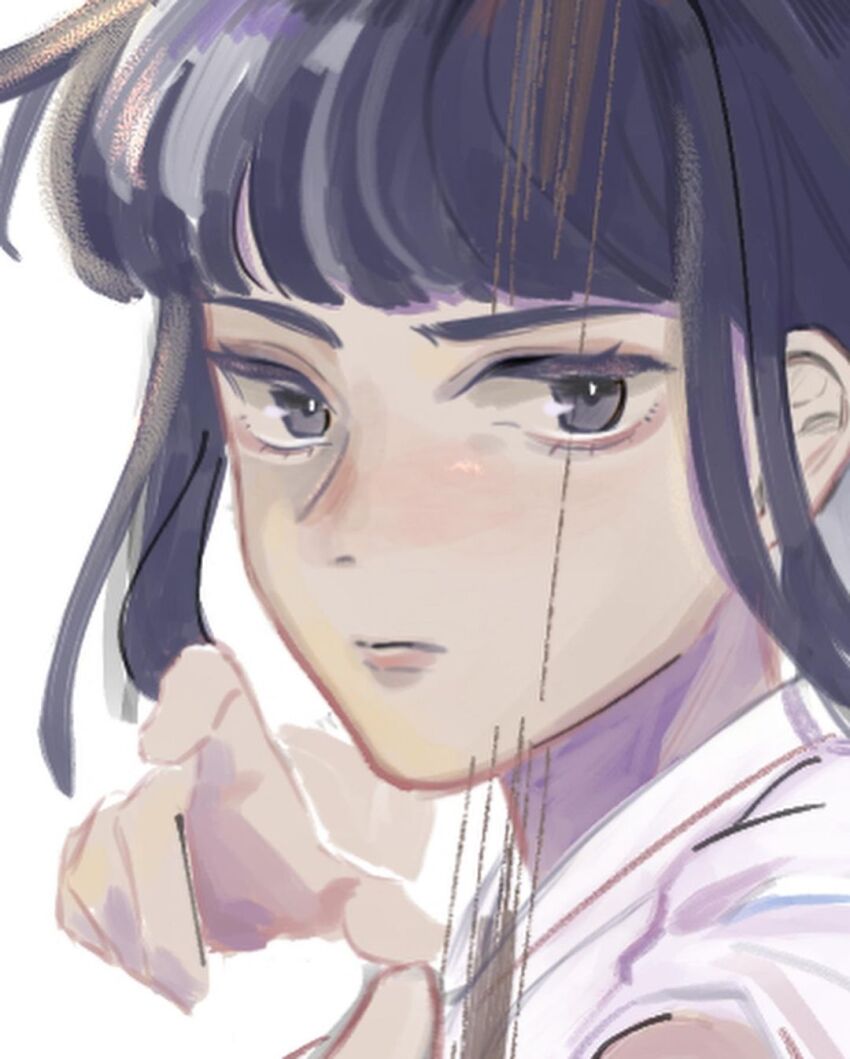 1girl bad_source black_hair blunt_bangs bow_(weapon) chinese_commentary close-up commentary_request cowboy_shot highres holding holding_bow_(weapon) holding_weapon inuyasha japanese_clothes kikyou_(inuyasha) kimono looking_at_viewer realemonade sidelocks simple_background solo weapon white_background white_kimono