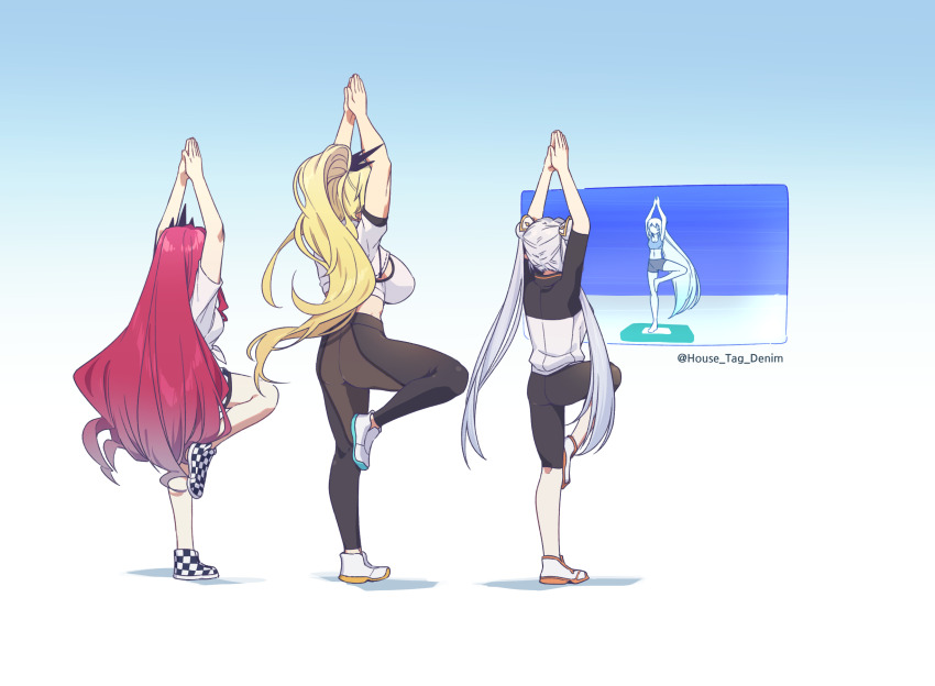 4girls arms_up baobhan_sith_(fate) baobhan_sith_(morgan_stadium)_(fate) barghest_(fate) barghest_(morgan_stadium)_(fate) blonde_hair bow breasts britomart_(fate) britomart_(morgan_stadium)_(fate) checkered_shoes colored_skin cosplay crop_top double_bun fate/grand_order fate_(series) grey_hair hair_bow hair_bun hair_ornament highres horns house_tag_denim large_breasts long_hair midriff morgan_le_fay_(fate) multiple_girls navel nintendo pants pink_hair ponytail sidelocks spandex standing standing_on_one_leg stretching tall_female tank_top tiara twintails very_long_hair white_skin wii_fit wii_fit_trainer wii_fit_trainer_(female) wii_fit_trainer_(female)_(cosplay) yoga_pants