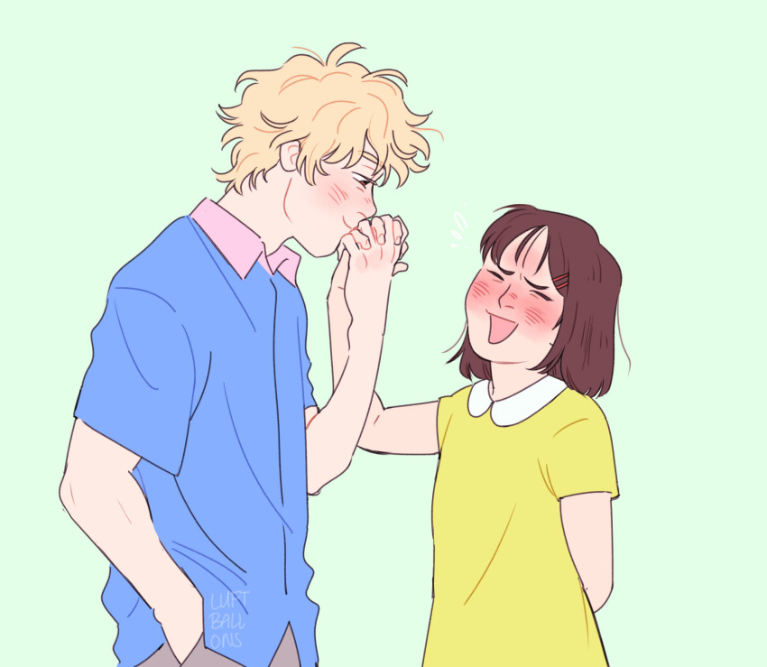 1boy 1girl blonde_hair blue_shirt blush brown_hair closed_eyes couple embarrassed green_background hair_ornament iwakura_mitsumi kiss kissing_hand laughing luftballons99 shima_sousuke shirt short_sleeves skip_to_loafer smile yellow_shirt