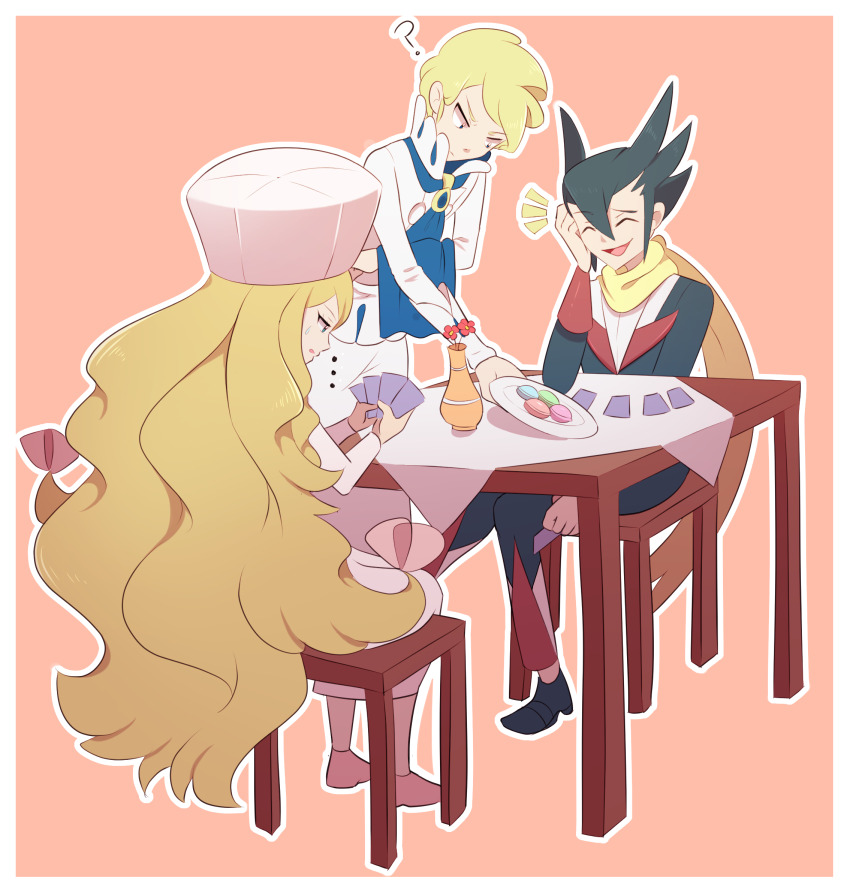 ... 1girl 2boys ? ascot blonde_hair blue_ascot caitlin_(pokemon) card chair cheating_(competitive) grimsley_(pokemon) highres holding holding_card long_hair multiple_boys naelle_(pkmn_realidea) nintendo on_chair outline pink_background pokemon pokemon_bw pokemon_xy scarf siebold_(pokemon) sitting table very_long_hair white_outline yellow_scarf