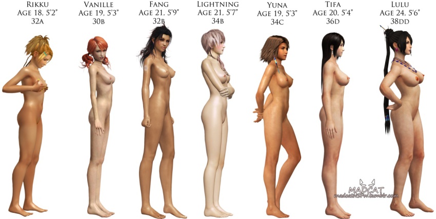 00s 10s 1990s_(style) 3d 6+girls ass black_hair blonde_hair breast_envy breasts brown_hair bust_chart feet female_focus final_fantasy final_fantasy_vii final_fantasy_x final_fantasy_xiii full_body green_eyes large_breasts legs lightning_farron lineup long_hair lulu_(ff10) multiple_girls navel nipples nude oerba_dia_vanille oerba_yun_fang orange_hair pink_hair retro_artstyle rikku_(ff10) simple_background small_breasts square_enix standing tall tifa_lockhart white_background yuna