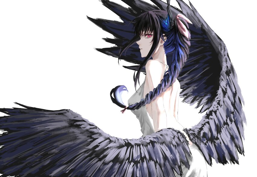 1girl absurdres backless_dress backless_outfit black_hair black_horns black_wings blue_hair braid braided_ponytail breasts dress feathered_wings from_side hair_ribbon highres hololive hololive_english horns kizuru09 low_wings medium_breasts multicolored_hair nerissa_ravencroft pink_ribbon red_eyes ribbon simple_background solo two-tone_hair virtual_youtuber white_background white_dress wings