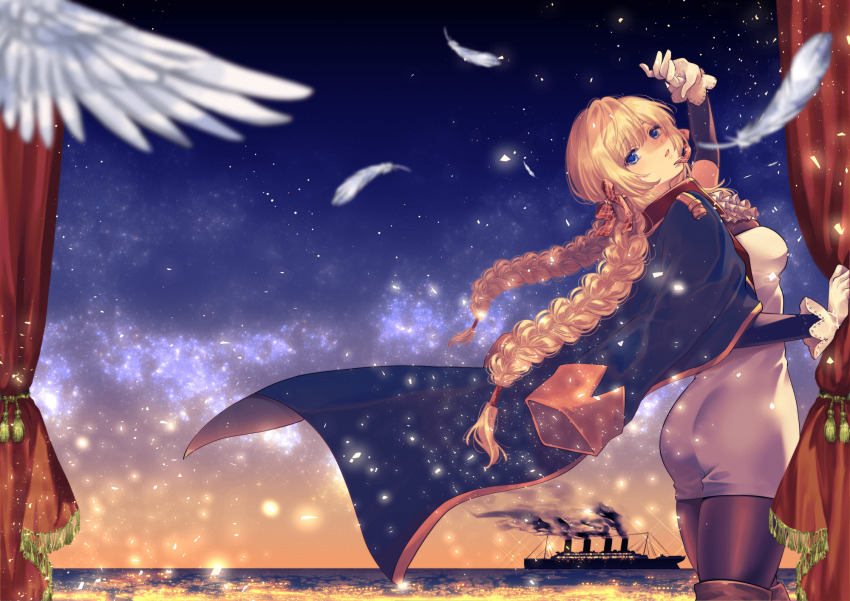 1girl ass blonde_hair blue_cape blue_eyes braid breasts cape dress fantome_rapport feathers galatea_(farapo) gloves highres long_hair long_sleeves night night_sky official_art ship sky star_(sky) starry_sky twin_braids very_long_hair watercraft white_dress white_gloves