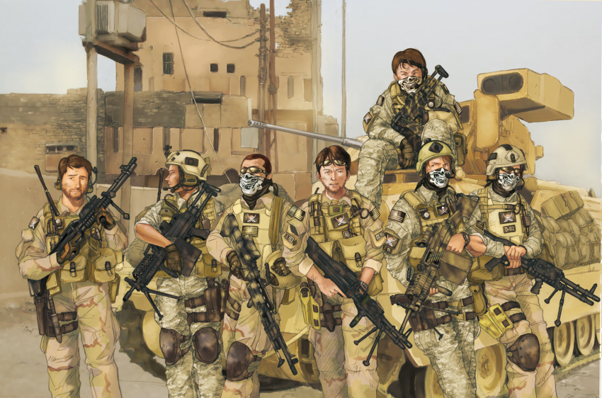 7.62x51mm_nato ammunition ammunition_belt ammunition_box autocannon brown_hair cannon chain_gun facial_hair fully_powered_cartridge gloves gun headset helmet highres holster humi_(jun-shu) infantry_fighting_vehicle iraq lmg_cartridge load_bearing_vest m13_link m242_bushmaster m2_bradley m60_(machine_gun) machine_gun military military_cartridge military_vehicle missile_launcher missile_pod multiple_boys rifle_cartridge sitting soldier sunglasses vehicle weapon