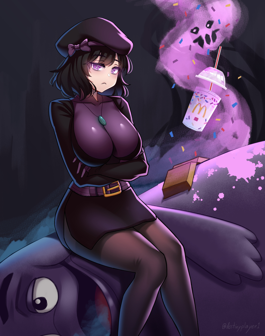 1girl absurdres belt beret black_dress black_hair breasts crossed_arms cup destinyplayer1 disposable_cup dress drinking_straw enderman fantasy grimace_(mcdonald&#039;s) grimace_shake_(meme) hat highres looking_at_viewer mcdonald&#039;s meme milkshake minecraft open_mouth personification purple_liquid short_hair smile