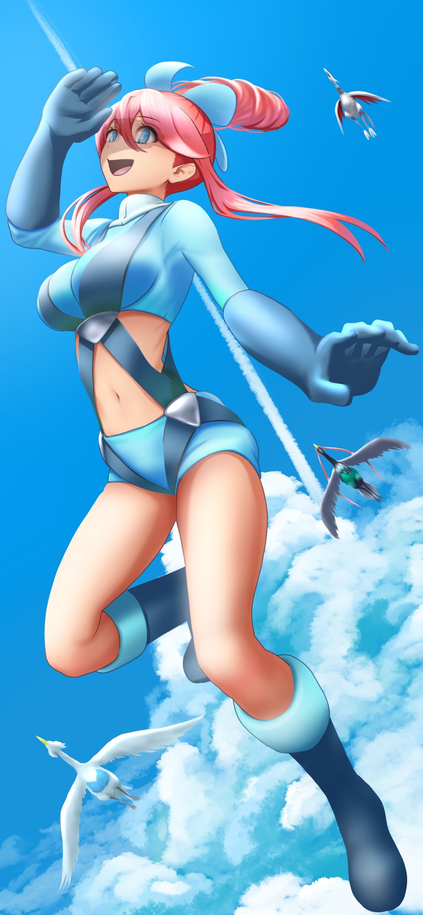 1girl :d absurdres arm_up blue_eyes blue_footwear blue_gloves blue_jacket blue_shorts blue_sky boots breasts cloud commentary_request cropped_jacket day elbow_gloves female_focus floating floating_hair flying full_body gen_2_pokemon gen_5_pokemon gloves hair_between_eyes hair_ornament highres jacket large_breasts long_hair looking_up midriff nabe_puyo navel nintendo one_side_up open_mouth pokemon pokemon_(creature) pokemon_bw pouch red_hair short_shorts shorts sidelocks skarmory sky skyla_(pokemon) smile solo_focus swanna swept_bangs thigh_pouch turtleneck turtleneck_jacket unfezant unfezant_(male)
