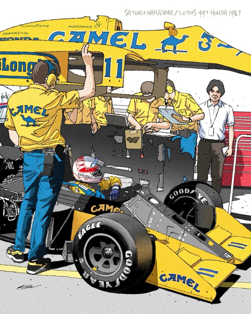 6+boys belt black_belt black_footwear black_hair black_pants blue_gloves blue_pants brown_hair camel_(cigarettes) car collared_shirt formula_one formula_racer gloves goodyear helmet highres honda id_card kondo_koji_(kojikon) looking_down lotus_(brand) lotus_99t motor_vehicle multiple_boys nakajima_satoru pants race_vehicle racecar real_life shadow shirt shoes sitting smile sneakers sponsor vehicle_focus white_headwear white_shirt yellow_shirt