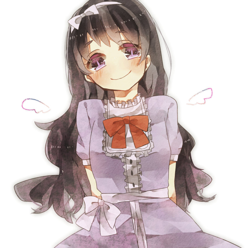 1girl arms_behind_back black_hair blush bow chloe_ardenne chloe_no_requiem dress female_focus hair_bow highres long_hair mozuku-sora purple_eyes smile solo white_background