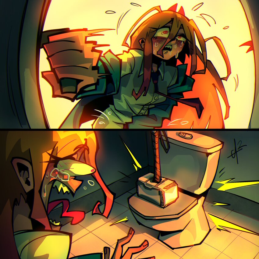 1girl absurdres alpharecdyt black_necktie blonde_hair blue_jacket chainsaw_man collared_shirt demon_girl demon_horns dragon_ball dragonball_z highres horns jacket mjolnir_(marvel) necktie open_mouth power_(chainsaw_man) red_horns shirt solo_focus son_goku sweat tearing_up toilet tongue tongue_out white_shirt