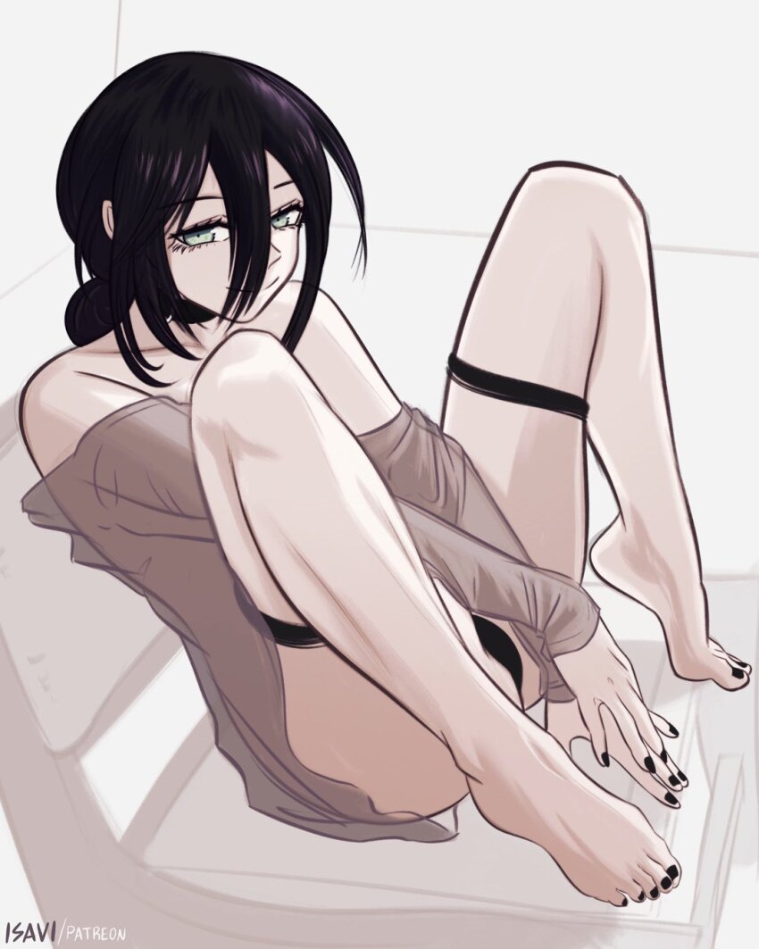 1girl black_choker black_hair black_panties chainsaw_man chair choker green_eyes grey_shirt hair_between_eyes hair_bun highres isavi knees_up on_chair panties reze_(chainsaw_man) shirt sitting solo spread_legs thigh_strap underwear