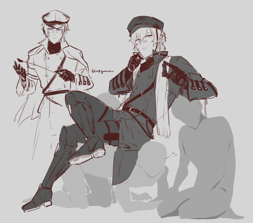 1boy black_gloves black_jacket bodysuit cape commandant_(pgr) gloves goshushin grey_bodysuit grey_hair hair_between_eyes hat highres jacket military_hat military_jacket military_uniform multicolored_hair punishing:_gray_raven scar scar_on_neck short_hair shoulder_plates streaked_hair