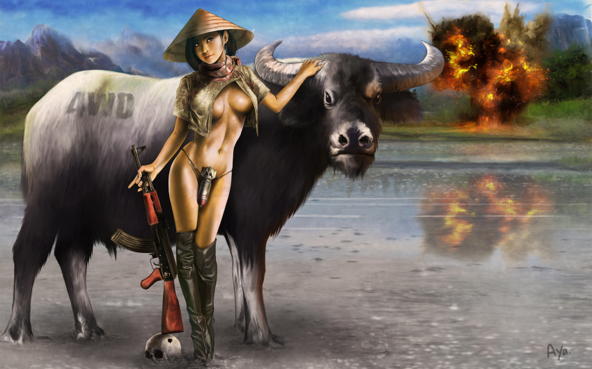 1girl ak-47 animal artist_name assault_rifle ayatonas boots breasts contrapposto dark-skinned_female dark_skin explosion female_focus gun hat highres holding holding_gun holding_weapon kalashnikov_rifle lips looking_at_viewer mountain navel original outdoors over-kneehighs realistic reflection rice_hat rice_paddy rifle scarf signature skull solo standing thighhighs underboob vietnam water water_buffalo weapon