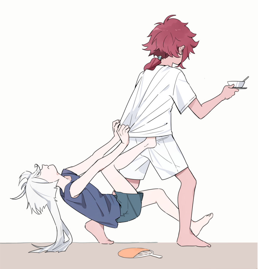 2girls absurdres barefoot gundam gundam_suisei_no_majo hand_fan highres knightym22 miorine_rembran multiple_girls red_hair suletta_mercury white_hair
