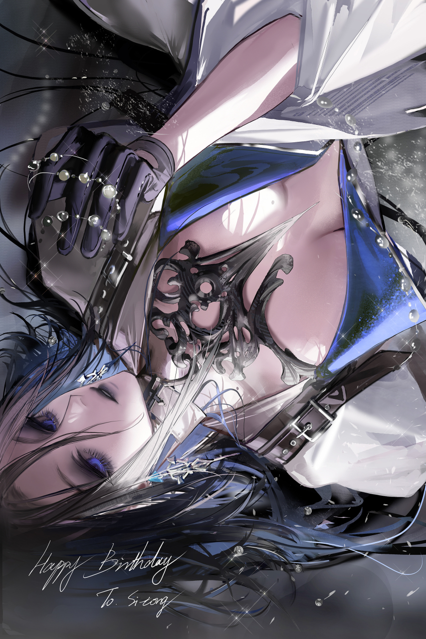 1girl absurdres adela_(path_to_nowhere) black_hair blue_eyes breasts cleavage duoqing_tie_ban_shao gloves highres long_hair looking_at_viewer lying on_back parted_lips path_to_nowhere solo upside-down