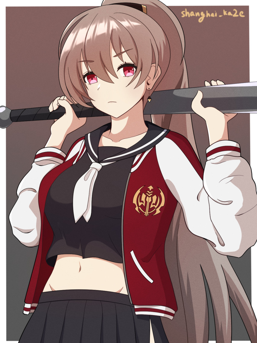 1girl azur_lane baseball_bat black_skirt brown_hair delinquent earrings highres holding holding_weapon jacket jean_bart_(azur_lane) jewelry looking_away necktie ponytail red_eyes red_jacket school_uniform shanghai_kani skirt solo standing vichya_dominion_(emblem) weapon white_necktie
