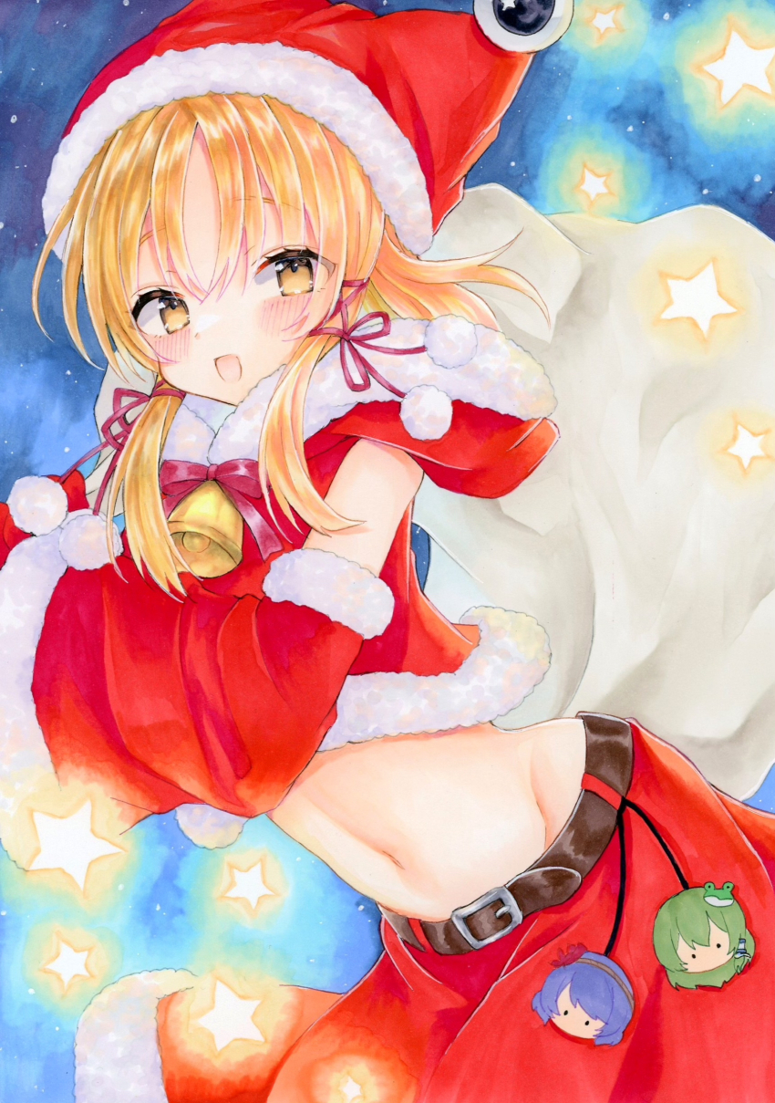 1girl :d absurdres alternate_costume alternate_headwear bag bell belt blonde_hair blush breasts brown_belt buckle capelet character_charm character_doll charm_(object) christmas commentary_request detached_sleeves eyelashes fur-trimmed_gloves fur-trimmed_skirt fur_trim gift_bag gloves hair_ribbon highres holding holding_bag hood hoodie jingle_bell kochiya_sanae long_sleeves looking_at_viewer marker_(medium) medium_breasts medium_hair midriff moriya_suwako natsume_nadeshiko navel open_mouth parted_bangs pom_pom_(clothes) red_capelet red_gloves red_ribbon red_skirt ribbon sidelocks skirt smile solo standing star_(symbol) stomach touhou traditional_media tress_ribbon wide_sleeves yasaka_kanako yellow_eyes