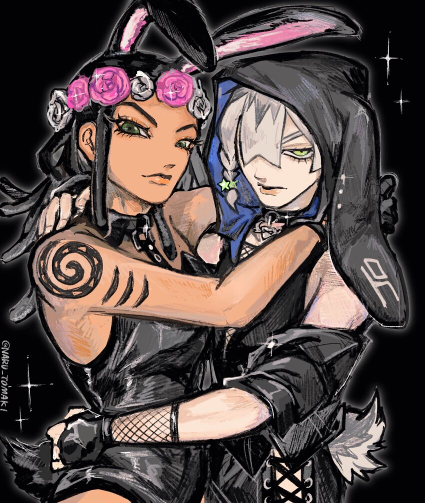 2boys alternate_costume animal_ears arm_tattoo bare_shoulders black_hair black_hoodie black_shirt braid brothers dark-skinned_male dark_skin dragona_joestar dreadlocks fake_animal_ears flower green_eyes grey_hair hair_flower hair_ornament highres hood hoodie jodio_joestar jojo_no_kimyou_na_bouken leotard looking_at_viewer male_focus male_playboy_bunny male_with_breasts multicolored_hair multiple_boys naru_tomaki playboy_bunny rabbit_ears rabbit_tail shirt siblings single_braid sparkle tail tattoo the_jojolands trap two-tone_hair