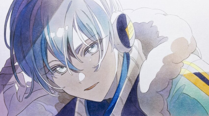 1boy aoyagi_touya blue_hair commentary earmuffs fur-trimmed_hood fur_trim graphite_(medium) grey_eyes highres hood hood_down male_focus marker_(medium) mole mole_under_eye multicolored_hair pato_(ptro) portrait project_sekai same_dreams_same_colors_(project_sekai) solo split-color_hair sweater traditional_media white_sweater