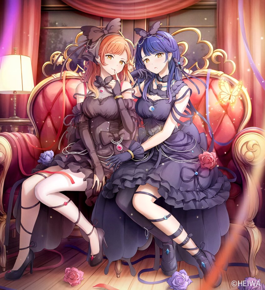 2girls asymmetrical_legwear bare_shoulders black_gloves black_hairband black_pantyhose black_shoes black_socks bow_hairband breasts cleavage closed_mouth commentary_request copyright_notice couch curtains dress earrings elbow_gloves fingerless_gloves full_body gloves hairband hand_to_own_mouth haruluna high_heels highres indoors jewelry kirishima_haru kirishima_luna lamp long_hair looking_at_viewer mole mole_under_mouth multiple_girls official_art orange_hair pantyhose parted_lips purple_dress purple_gloves purple_hair shoes single_leg_pantyhose sitting sleeveless sleeveless_dress smile socks tokeshi uneven_legwear virtual_youtuber yellow_eyes