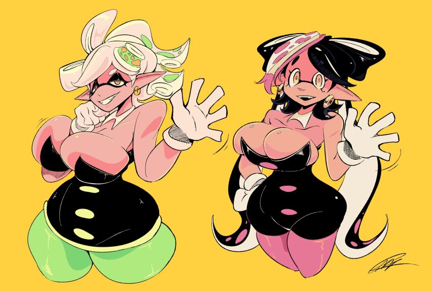 2girls black_hair breasts callie_(splatoon) cleavage cousins dress earrings georgewithas gloves highres huge_breasts jewelry jumpsuit long_hair marie_(splatoon) multiple_girls nintendo pointy_ears salute short_hair splatoon_(series) tentacle_hair white_hair wide_hips yellow_background yellow_eyes