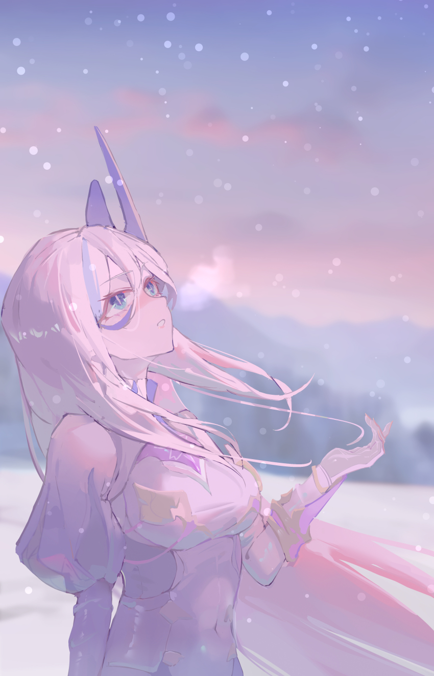 1girl absurdres blue_eyes blue_hair blurry blurry_background bodysuit breasts comet-c hair_ornament highres honkai_(series) honkai_impact_3rd large_breasts long_hair looking_up misteln_schariac multicolored_hair open_mouth snow snowing solo streaked_hair teeth two-tone_hair upper_body white_bodysuit white_hair