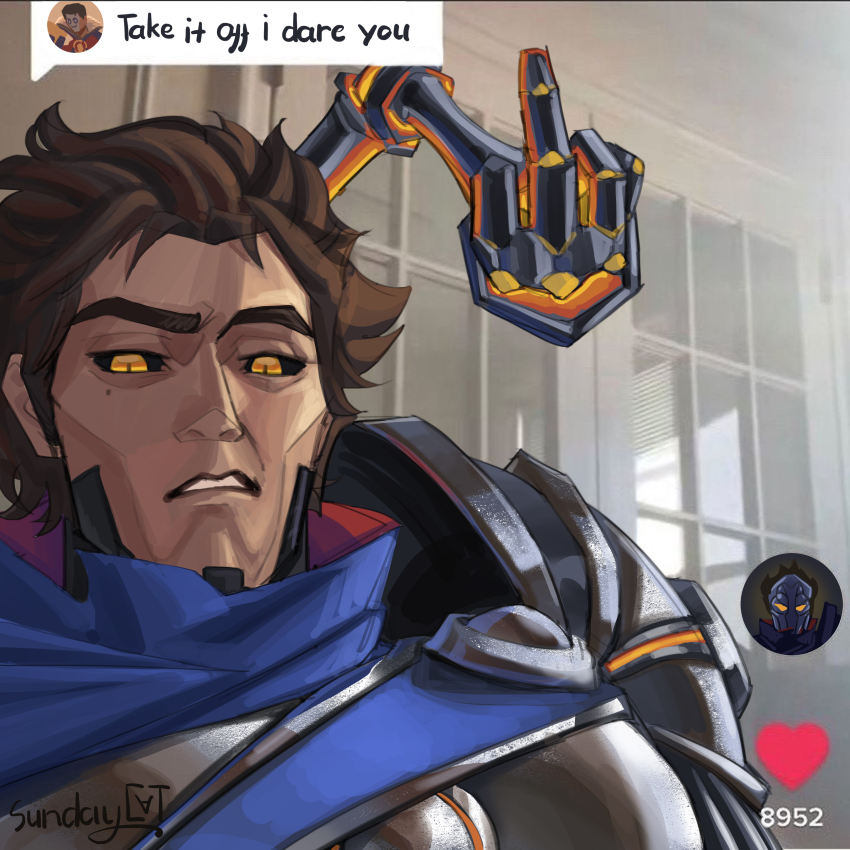 1boy absurdres armor artist_name black_sclera blue_cape brown_hair cape colored_sclera cover_them_up_slut_(meme) heart highres jayce_(league_of_legends) league_of_legends looking_at_viewer male_focus mechanical_arms meme middle_finger parted_lips portrait short_hair shoulder_armor single_mechanical_arm solo sundaycat3 teeth viktor_(arcane) viktor_(league_of_legends) window