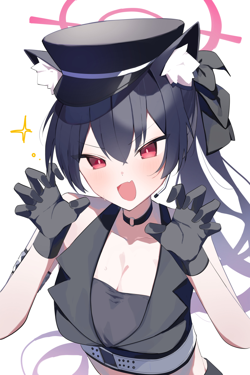 1girl absurdres animal_ear_fluff animal_ears bare_shoulders black_choker black_gloves black_hair black_ribbon black_vest blue_archive cat_ears cat_girl choker earpiece gloves hair_ribbon halo highres o-ring o-ring_choker red_eyes red_halo ribbon serika_(blue_archive) serika_(idol)_(blue_archive) solo sparkle sukasusu_51te vest
