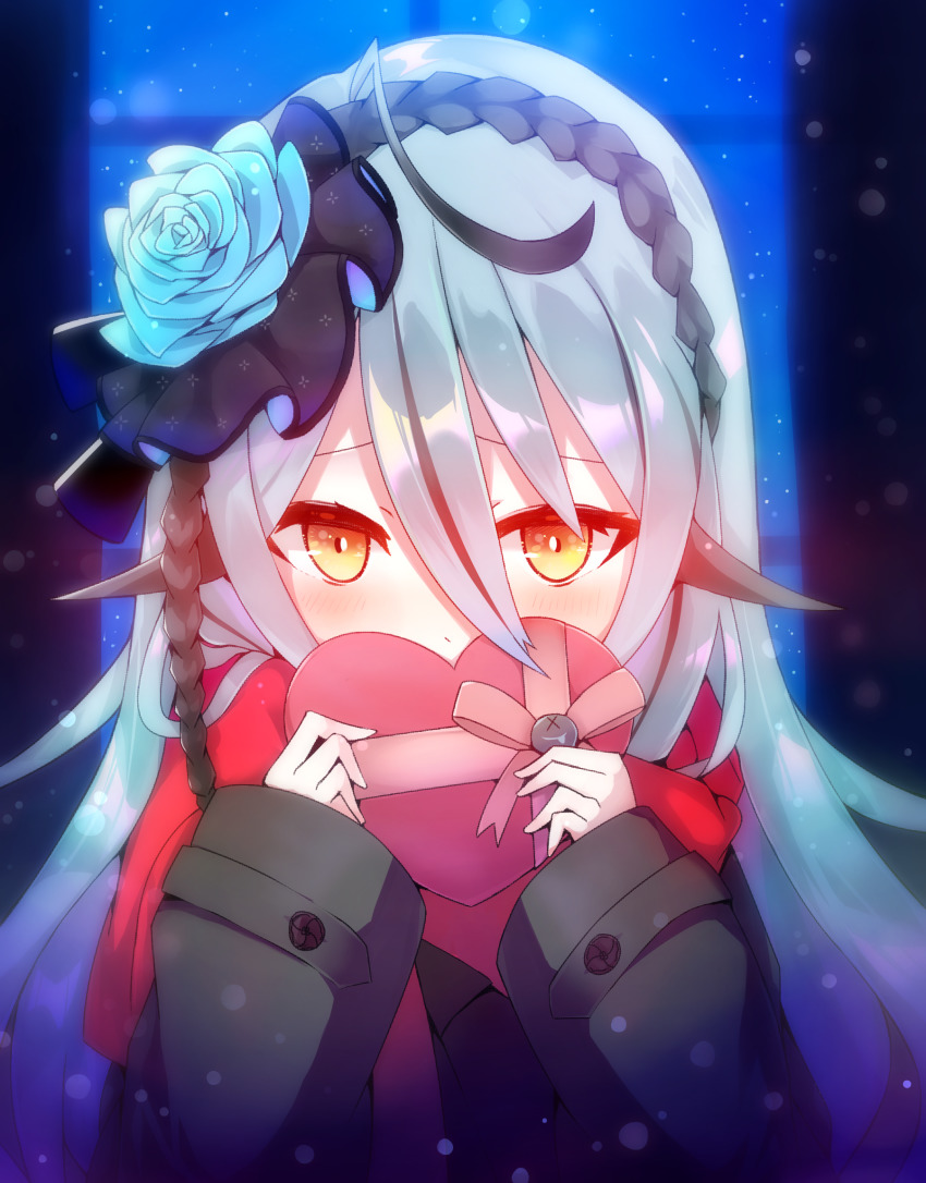 1girl :o ahoge aqua_hair bad_id bad_pixiv_id blue_flower blush box commentary covered_mouth flower hair_between_eyes heart-shaped_box highres long_hair looking_at_viewer nijisanji nijisanji_kr orange_eyes popoko_(pokopokosuisei) ryu_hari shy solo virtual_youtuber