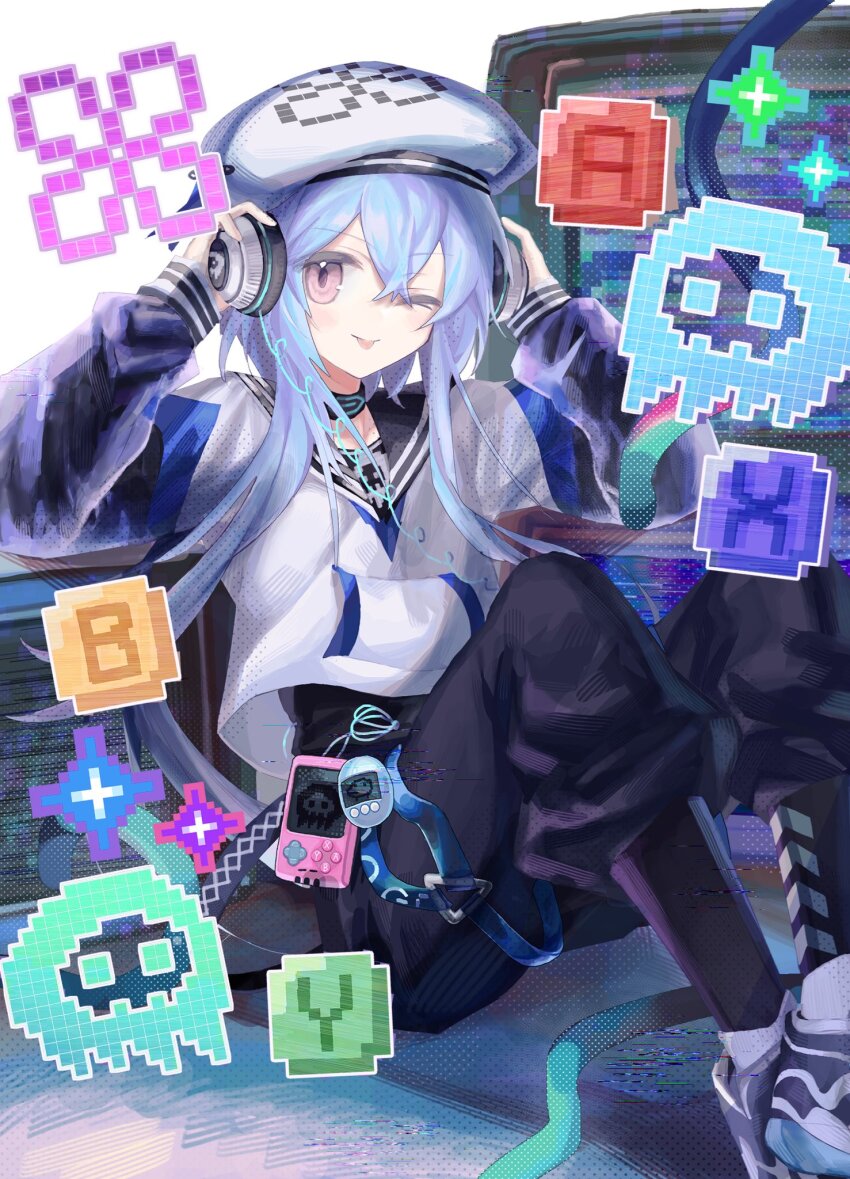 1boy ;p arknights black_pants black_sleeves blue_hair commentary_request feet_out_of_frame hair_between_eyes hat headphones highres infection_monitor_(arknights) jacket long_hair long_sleeves male_focus mizuki_(a_player_forever)_(arknights) mizuki_(arknights) official_alternate_costume one_eye_closed pants pink_eyes pixel_art_inset sitting smile solo tamagotchi_(virtual_pet) tongue tongue_out udonpasta123 white_hat white_jacket