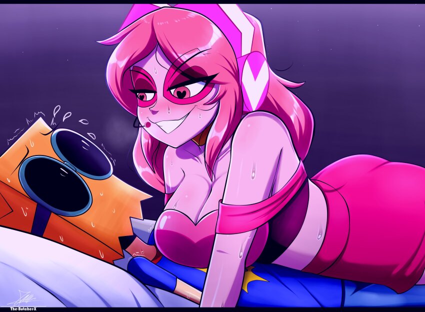 1boy 1girl bag_on_head breasts cleavage dr._flug headphones heart heart-shaped_pupils highres medium_breasts miss_heed pink_hair sweat symbol-shaped_pupils the-butch-x villainous